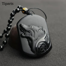 Load image into Gallery viewer, Natural Black Obsidian Carving Wolf Head Amulet Pendant Necklace