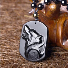 Load image into Gallery viewer, Natural Black Obsidian Carving Wolf Head Amulet Pendant Necklace