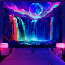 Load image into Gallery viewer, 1Pc Colorful Waterfall UV/Blacklight Response Tapestry, Moon Night Sky Natural Landscape
