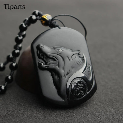 Natural Black Obsidian Carving Wolf Head Amulet Pendant Necklace