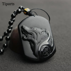 Natural Black Obsidian Carving Wolf Head Amulet Pendant Necklace