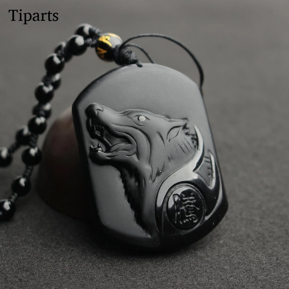 Natural Black Obsidian Carving Wolf Head Amulet Pendant Necklace