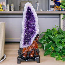 Load image into Gallery viewer, Natural Amethyst Geode Crystal Cluster – High Quality Mineral Specimen with Wood Base for Home Decor &amp; Collection
