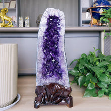 Load image into Gallery viewer, Natural Amethyst Geode Crystal Cluster – High Quality Mineral Specimen with Wood Base for Home Decor &amp; Collection