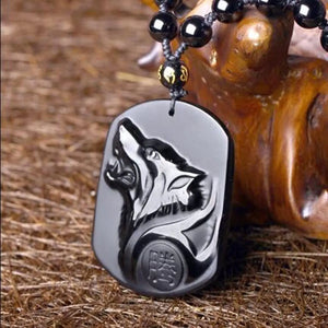 Natural Black Obsidian Carving Wolf Head Amulet Pendant Necklace