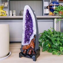 Load image into Gallery viewer, Natural Amethyst Geode Crystal Cluster – High Quality Mineral Specimen with Wood Base for Home Decor &amp; Collection