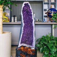 Load image into Gallery viewer, Natural Amethyst Geode Crystal Cluster – High Quality Mineral Specimen with Wood Base for Home Decor &amp; Collection