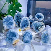 Load image into Gallery viewer, Natural Blue Celestite Geode Crystal Cluster – Mineral Specimen for Collection &amp; Home Decor