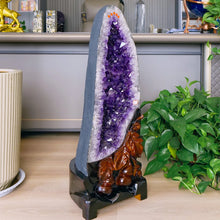 Load image into Gallery viewer, Natural Amethyst Geode Crystal Cluster – High Quality Mineral Specimen with Wood Base for Home Decor &amp; Collection
