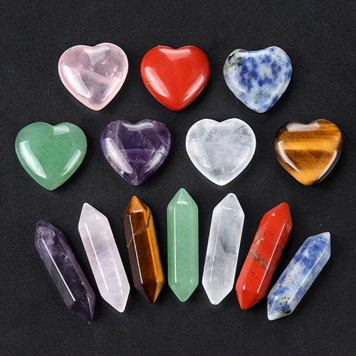 7 Double Tip Hexagonal Points 7 Hearts Crystals And Stones 14Pc Set