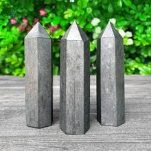 Load image into Gallery viewer, Natural Black Shungite Crystal Obelisk – Hexagonal Polished Point Tower for Meditation &amp; Home Decor