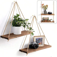 Load image into Gallery viewer, Wooden Hanging Crystal Display Shelf – Hemp Rope Floating Wall Shelf for Crystals, Minerals &amp; Home Decor Collection