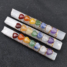 Load image into Gallery viewer, Natural Selenite Crystal Wand with 7 Chakra Heart Stones – Wire Wrapped Meditation &amp; Healing Crystal Set