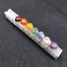 Load image into Gallery viewer, Natural Selenite Crystal Wand with 7 Chakra Heart Stones – Wire Wrapped Meditation &amp; Healing Crystal Set