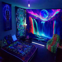 Load image into Gallery viewer, 1Pc Colorful Waterfall UV/Blacklight Response Tapestry, Moon Night Sky Natural Landscape