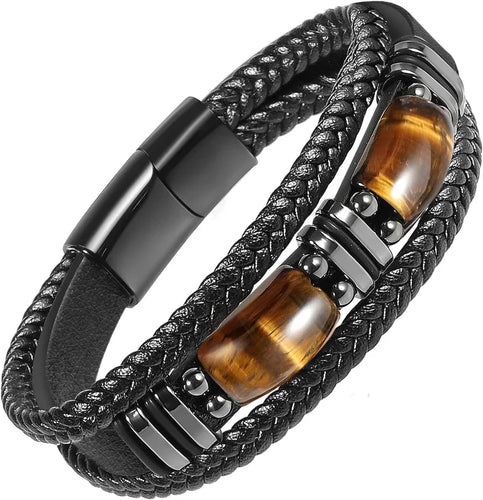 Tigers Eye Black Leather Bracelet