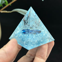 Load image into Gallery viewer, 1PC Aquamarine Orgonite Pyramid – Crushed Stone Resin with Clear Crystal Spheres – Energy Healing Decor