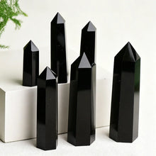 Load image into Gallery viewer, Natural Black Obsidian Crystal Obelisk – Hexagonal Polished Point Tower for Home &amp; Office Decor