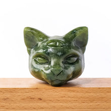 Load image into Gallery viewer, 1PC Natural Green Jade Cat Head Figurine Hand Carved Home Decor