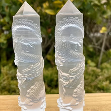Load image into Gallery viewer, 1PC Hand Carved Selenite Crystal Tower with Dragon &amp; Phoenix