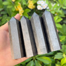 Load image into Gallery viewer, Natural Black Shungite Crystal Obelisk – Hexagonal Polished Point Tower for Meditation &amp; Home Decor