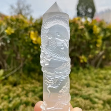 Load image into Gallery viewer, 1PC Hand Carved Selenite Crystal Tower with Dragon &amp; Phoenix