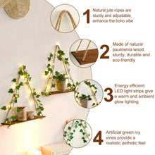 Load image into Gallery viewer, Wood Crystal Display Shelf with Leaf Hanging Decor – LED Floating Wall Shelf for Home &amp; Mineral Collection Display