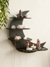 Load image into Gallery viewer, Black Moon Crystal Display Shelf – 4 Tier Wood Floating Wall Shelf for Crystals, Minerals &amp; Home Decor Collection