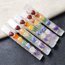 Load image into Gallery viewer, Natural Selenite Crystal Wand with 7 Chakra Heart Stones – Wire Wrapped Meditation &amp; Healing Crystal Set