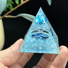 Load image into Gallery viewer, 1PC Aquamarine Orgonite Pyramid – Crushed Stone Resin with Clear Crystal Spheres – Energy Healing Decor