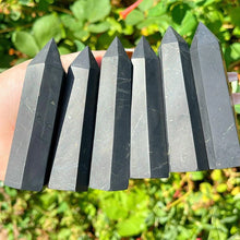 Load image into Gallery viewer, Natural Black Shungite Crystal Obelisk – Hexagonal Polished Point Tower for Meditation &amp; Home Decor