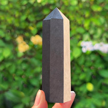 Load image into Gallery viewer, Natural Black Shungite Crystal Obelisk – Hexagonal Polished Point Tower for Meditation &amp; Home Decor