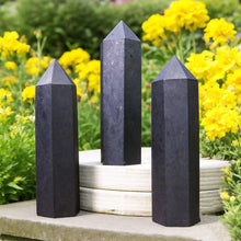Load image into Gallery viewer, Natural Black Shungite Crystal Obelisk – Hexagonal Polished Point Tower for Meditation &amp; Home Decor