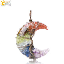 Load image into Gallery viewer, 7 Chakras Tree of Life Necklace Wire Wrap Crescent Moons Crystal Pendants Chip Quartz Natural Stone Resin Stainless Steel G931