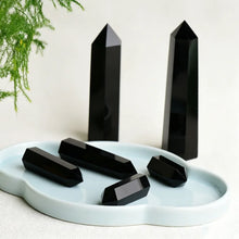 Load image into Gallery viewer, Natural Black Obsidian Crystal Obelisk – Hexagonal Polished Point Tower for Home &amp; Office Decor